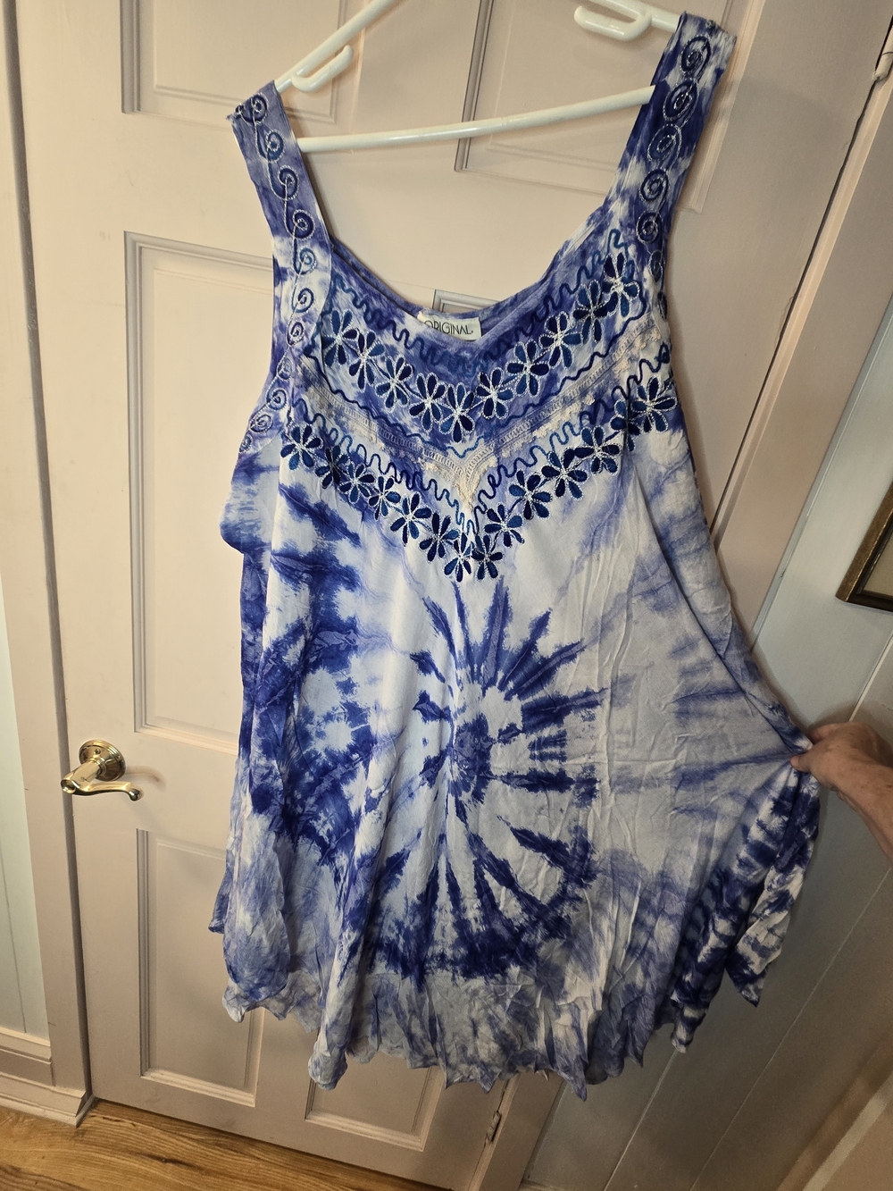 Blue Tie-Dye Sleeveless Tank Top with Embroidered Yoke